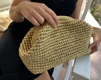 Gold Metallic Raffia Crochet Clutch Bag , Luxury Handmade Evening Bag, Gift For Her