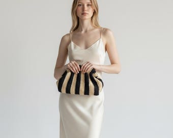 Handmade Raffia Striped Pouch Bag - Chic Straw Clutch for Summer - Crochet Evening Handbag - Luxury Beach Wedding Guest Purse