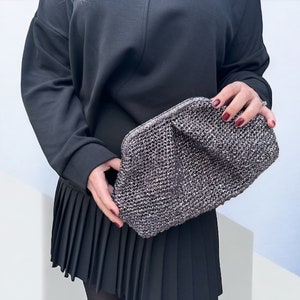 Metallic Raffia Crochet Clutch Bag, Stylish Shimmering Purse, Minimalist Bag , Ideal Gift for Her image 3