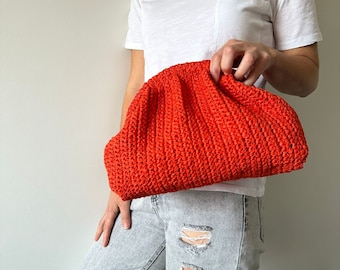Orange Handmade Raffia Clutch Bag , Crochet Bag , Colorful Summer Clutch , Knitted Raffia Bag , Straw Pouch Bag, Unique Gift For Her