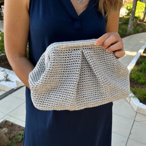 Handmade Crochet Clutch Bag , Elegant Silver Metallic Evening Purse , Unique Handcrafted Gift for Her , Women’s Accessories