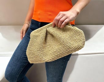 Handmade Boho Straw Clutch Bag – Crochet Raffia Purse – Summer Beach & Evening Bag – Gift for Her