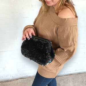 Black Sequin Crochet Clutch Purse , Macrame Wedding Bag , Elegant Evening Bag For Women