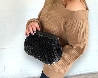 Borsa a mano nera con paillettes all'uncinetto, borsa da sposa in