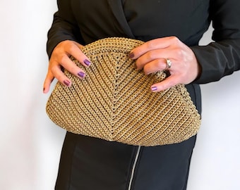 Handmade Gold Crochet Clutch: Shimmering Evening Bag
