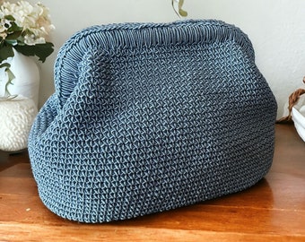 Bolso clutch macrame de ganchillo hecho a mano, bolso azul de verano, bolso minimalista de punto, regalo de moda para ella