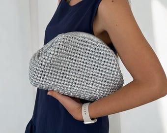 Handmade Metallic Silver Crochet Clutch: Bridal Evening Bag