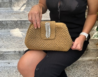 Handmade Crochet Raffia Clutch: Boho Evening Bag with Rhinestone Brooch