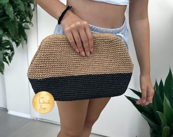 Handmade Crochet Raffia Clutch: Two-Tone Boho Evening Bag