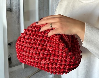 Raffia Beaded Clutch Bag For Women, Red Evening Clutch Bag ,Red Wedding Guest Bag,,Wedding Purse, Bridal Party Clutch Bag,Woven Handbag
