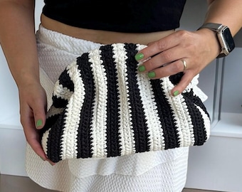 Crochet Raffia Clutch Bag, Striped Bag, Straw Purse, Party Bag, Evening Clutch, Luxury Gift For Her