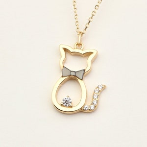 14K Gold Cat Necklace, Gold Cat Necklace, Cat Necklace, Cat Charm Necklace, Animal Necklace, Gold Animal Necklace.