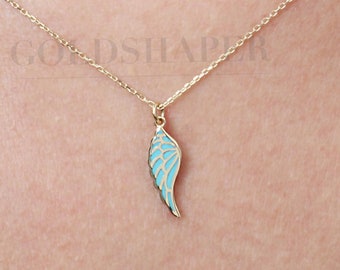 Angel Wing Necklace With Enamel, 14K Gold Wing Necklace, Wing Necklace, Angel Necklace, Angel Guardian Necklace, Angel Wing Charm Necklace.