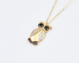Owl Necklace, 14K Gold Owl Necklace, Owl Charm Necklace, Animal Necklace, Gold Animal Necklace, Luck Owl Necklace, Owl Gold Pendant.