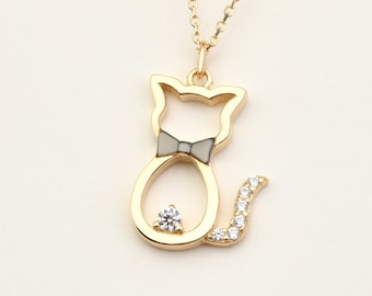 14K Gold Cat Necklace, Gold Cat Necklace, Cat Necklace, Cat Charm Necklace, Animal Necklace, Gold Animal Necklace.
