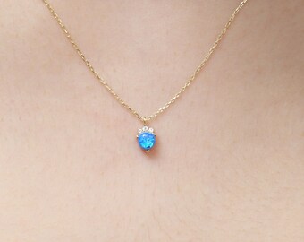 14K Gold Blue Opal Tiny Necklace, Gold Opal Necklace, Opal Stone Necklace, October Birthstone, Gemstone Necklace, Gold Birthstone.