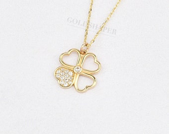 14K Gold Clover Necklace, Gold Clover Necklace, 4 Leaf Clover Necklace, Clover Charm Necklace, 14K Gold Necklace, Lucky Clover Necklace.