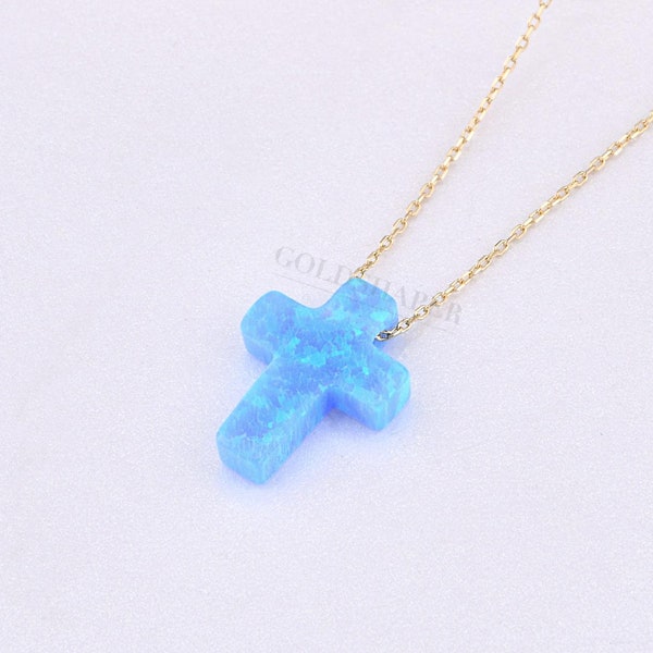 Cross Opal Necklace, 14K Gold Cross Necklace, Blue Opal Necklace, Cross Opal Necklace, 14K Gold Necklace, Cross Necklace.