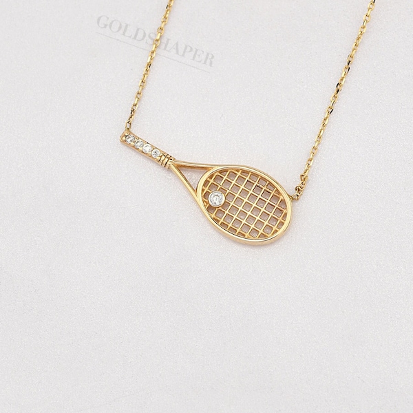 14K Gold Tennis Racket Necklace, Gold Tennis Racket Necklace, Tennis Racket Charm Necklace, Tennis Ball Necklace, Tennis Racket Pendant.