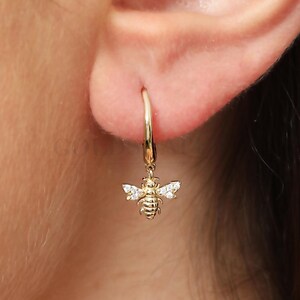 Bee Hoop Earrings, 14K Gold Bee Earrings, Bee Gold Hoop Earrings, Animal Earrings, Bee Earrings, Gold Animal Earrings, 14K Gold Earrings.