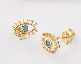 14K Gold Evil Eye Earrings, Gold Evil Eye Earrings, Evil Eye Stud Earrings, Evil Eye Earrings, Eye Earrings, 14K Gold Earrings.