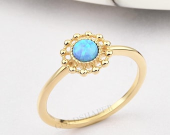 14K guld blå opalring, opalguldring, blå opalring, guldopalring, ädelstensring, oktober födelsestensring, 14K guldring.