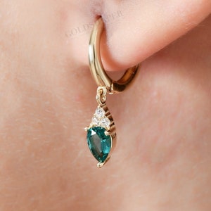 Emerald Hoop Earrings, 14K Gold Emerald Earrings, Emerald Charm Gold Hoop Earrings, Gemstone Earrings, Gold Gemstone Earrings, 14K Earrings.