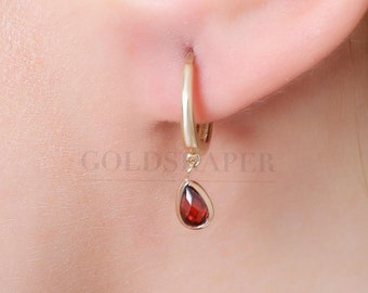 Ruby Hoop Earrings, 14K Gold Ruby Earrings, Ruby Charm Gold Hoop Earrings, Gemstone Earrings, Gold Gemstone Earrings, 14K Earrings.