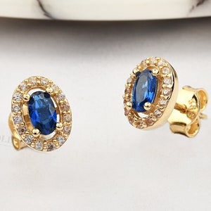14K Gold Sapphire Earrings, Sapphire Stud Earrings, Sapphire Gold Earrings, September Birthstone Earrings, 14K Gold Stud Earrings.