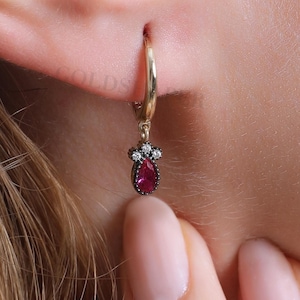 Ruby Hoop Earrings, 14K Gold Ruby Earrings, Ruby Charm Gold Hoop Earrings, Gemstone Earrings, Gold Gemstone Earrings, 14K Earrings.