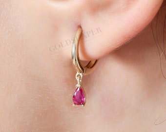 Ruby Hoop Earrings, 14K Gold Ruby Earrings, Ruby Charm Gold Hoop Earrings, Gemstone Earrings, Gold Gemstone Earrings, 14K Earrings.