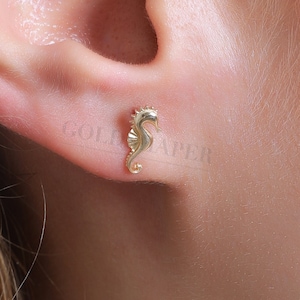 Seahorse Earrings, 14K Gold Seahorse Earrings, Seahorse Stud Earrings, Animal Earrings, Gold Animal Earrings, 14K Gold Earrings.