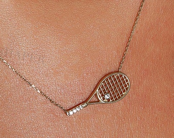 14K Gold Tennis Racket Necklace, Gold Tennis Racket Necklace, Tennis Racket Charm Necklace, Tennis Ball Necklace, Tennis Racket Pendant.