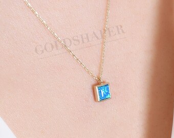 Blue Opal Necklace, 14K Gold Opal Necklace, Blue Opal Stone Necklace, Opal Necklace, October Birthstone, Gemstone Necklace, Gold Birthstone.
