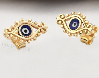 14K Gold Evil Eye Earrings, Gold Evil Eye Earrings, Evil Eye Stud Earrings, Evil Eye Earrings, Eye Earrings, 14K Gold Earrings.
