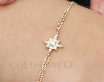 14K Gold North Star Bracelet, 14K Gold North Star Bracelet, Star Bracelet, Calestial Bracelet, Gold Star Charm Bracelet, 14K Gold Bracelet.