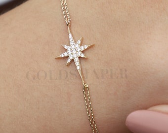 14K Gold North Star Bracelet, 14K Gold North Star Bracelet, Star Bracelet, Calestial Bracelet, Gold Star Charm Bracelet, 14K Gold Bracelet.