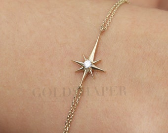 14K Gold North Star Bracelet, 14K Gold North Star Bracelet, Star Bracelet, Calestial Bracelet, Gold Star Charm Bracelet, 14K Gold Bracelet.
