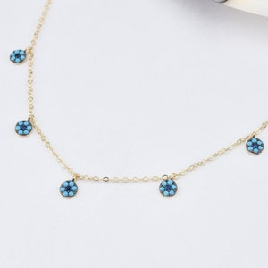 Collana in oro 14 carati con turchese, collana in oro con turchese, collana con pietra turchese, pietra portafortuna di dicembre, collana con pietre preziose, pietra portafortuna in oro.