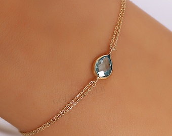 14K Gold Aquamarine Bracelet, Gold Aquamarine Bracelet, Aquamarine