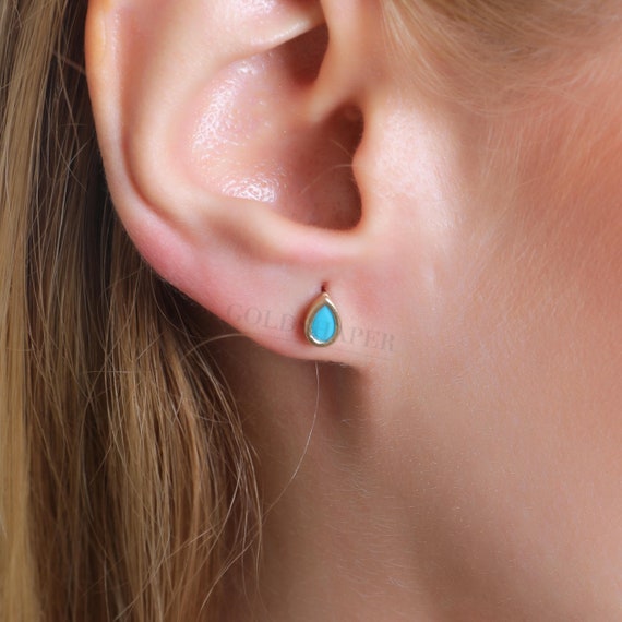 Turquoise Stud Earrings, 14K Gold Turquoise Earrings, Turquoise Charm Gold StudEarrings, Gemstone Earrings, Gemstone Earrings, 14K Earrings.