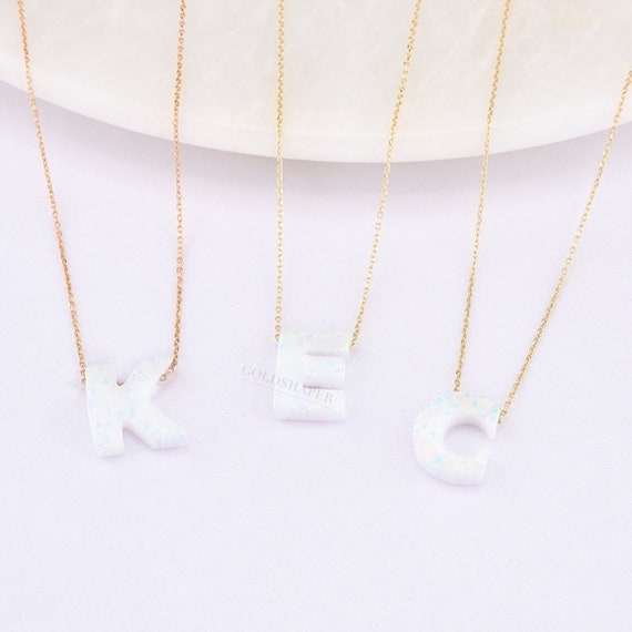 14K Gold White Opal Letter Necklace, Gold Opal Initial Letter Necklace, Letter Necklace, Letter Necklace, Gold Necklace, Letter Gold Pendant