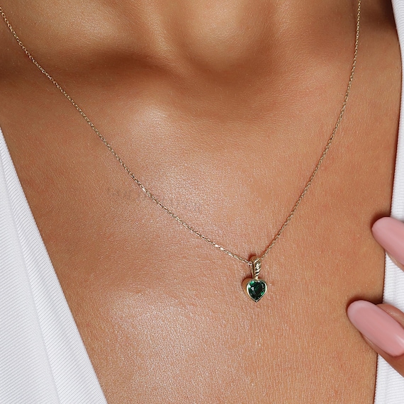 Heart Emerald Necklace, 14K Gold Heart Necklace, Emerald Necklace, Heart Necklace, Heart Charm Necklace, Heart Cut Emerald Necklace.
