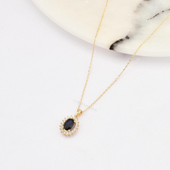 Dark Sapphire Necklace, 14K Gold Sapphire Necklace, Sapphire Stone Necklace, September Birthstone, Gemstone Necklace, Gold Birthstone.