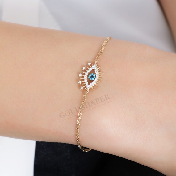 Evil Eye Bracelet, 14K Gold Evil Eye Bracelet, Eye Bracelet, Gold Eye Bracelet, Gold Evil Eye Charm Bracelet, 14K Gold Bracelet.