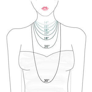 May include: A diagram showing different necklace lengths in inches, from 14 inches to 30 inches, on a drawing of a person's neck and chest.