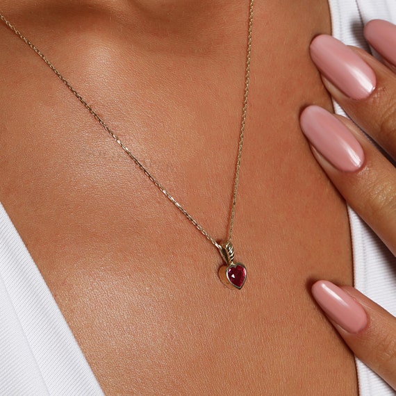 Heart Ruby Necklace, 14K Gold Heart Necklace, Ruby Necklace, Heart Necklace, Heart Charm Necklace, Heart Cut Ruby Necklace.