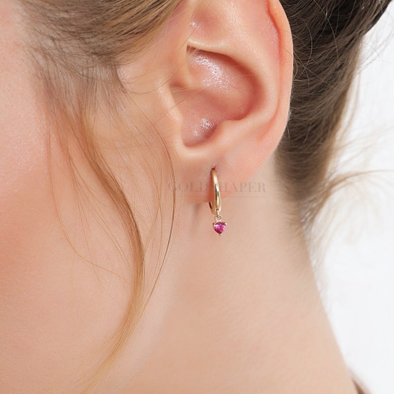 Ruby Hoop Earrings, 14K Gold Ruby Earrings, Ruby Charm Gold Hoop Earrings, Gemstone Earrings, Gold Gemstone Earrings, 14K Earrings.
