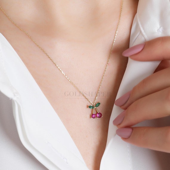 14K Gold Cherry Necklace, Gold Cherry Necklace, Fruit Necklace, Cherry Charm Necklace, 14K Gold Necklace, Lucky Clover Necklace.