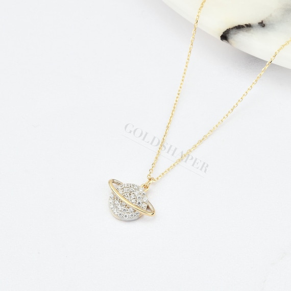 14K Gold Planet Necklace, Gold Planet Necklace, Planet Charm Necklace, World Necklace, Planet Pendant, Gold Necklace.